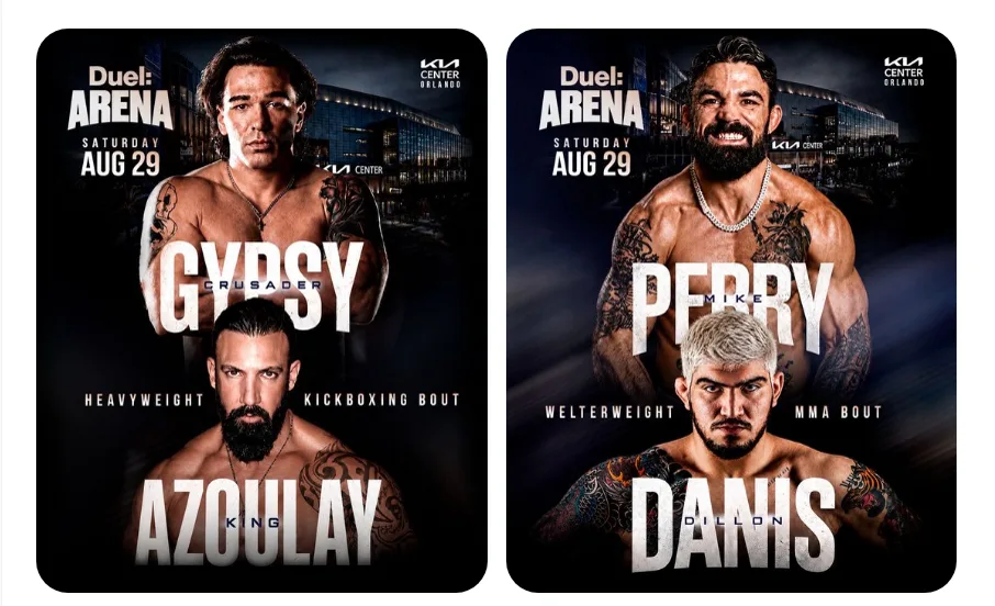 Two Duel Arena posters side by side: Gypsy Crusader vs King Azoulay and Mike Perry vs Dillon Danis