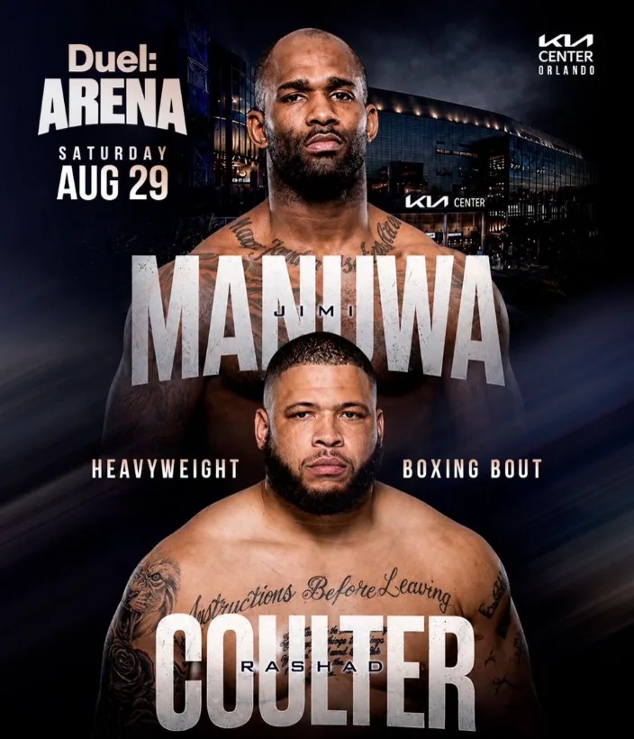 Duel Arena poster billing Jimi Manuwa against Rashad Coulter, the booking that was later changed