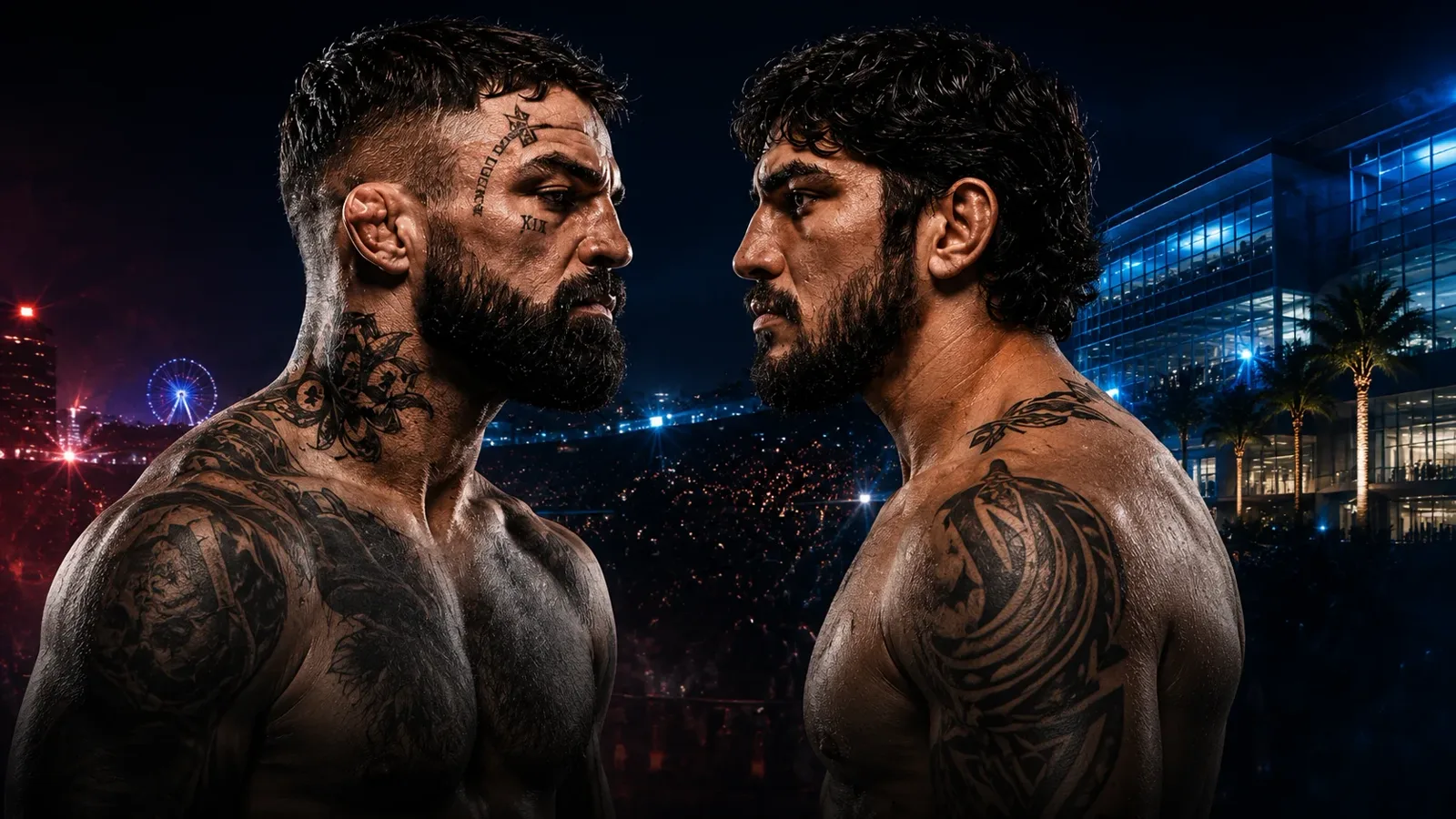 Mike Perry and Dillon Danis face to face, promotional artwork for Duel Arena 1 in Orlando
