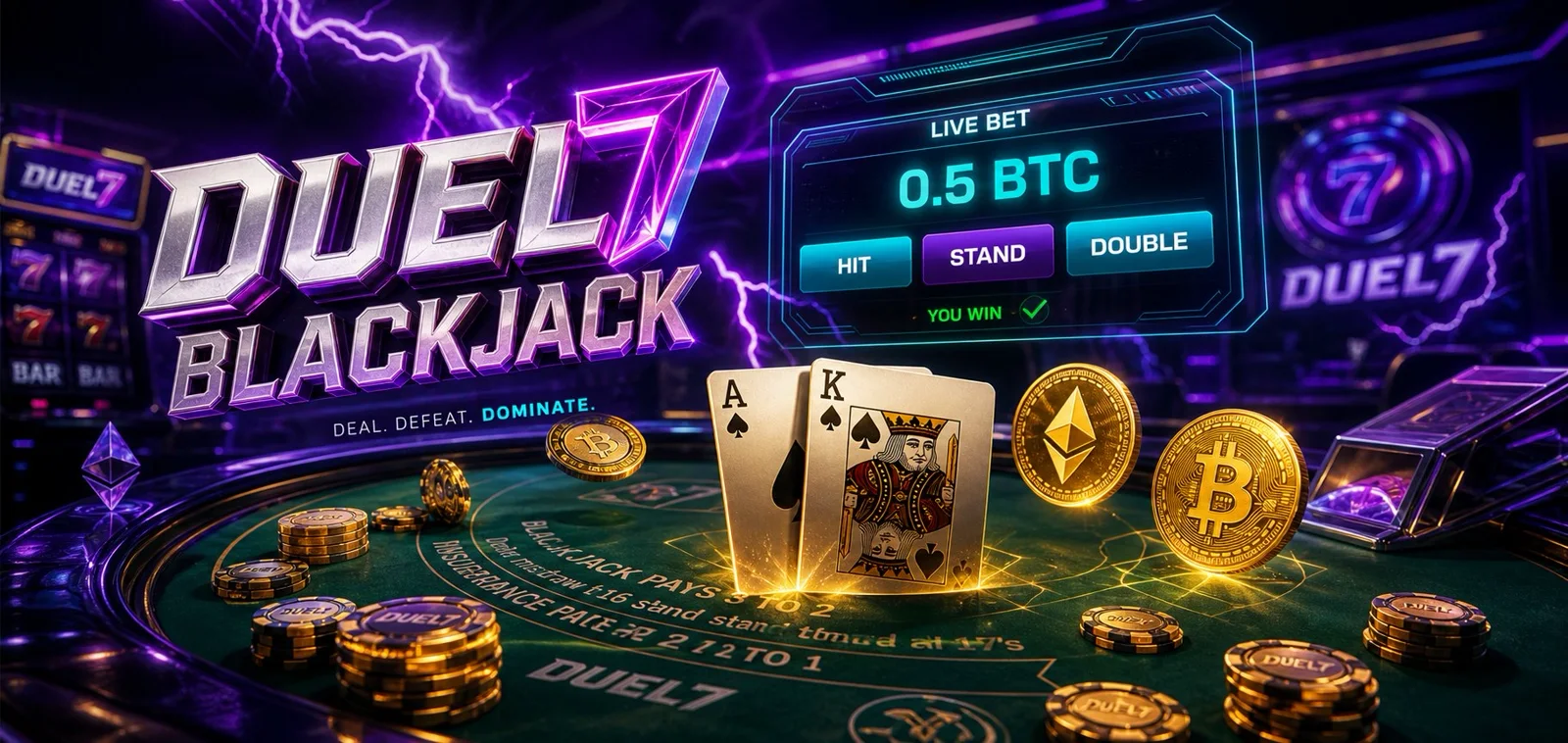 Duel blackjack promotional artwork showing an ace and king, chips and the hit, stand and double controls