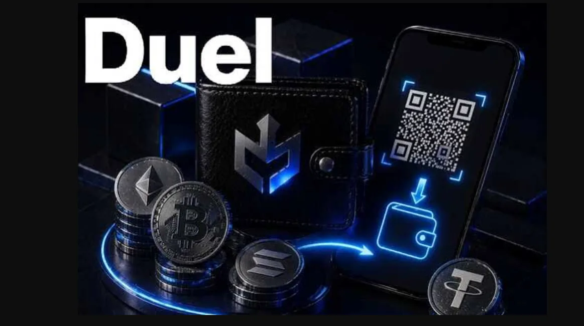 Crypto wallet artwork with Bitcoin, Ethereum, Solana and Tether beside a phone scanning a QR code
