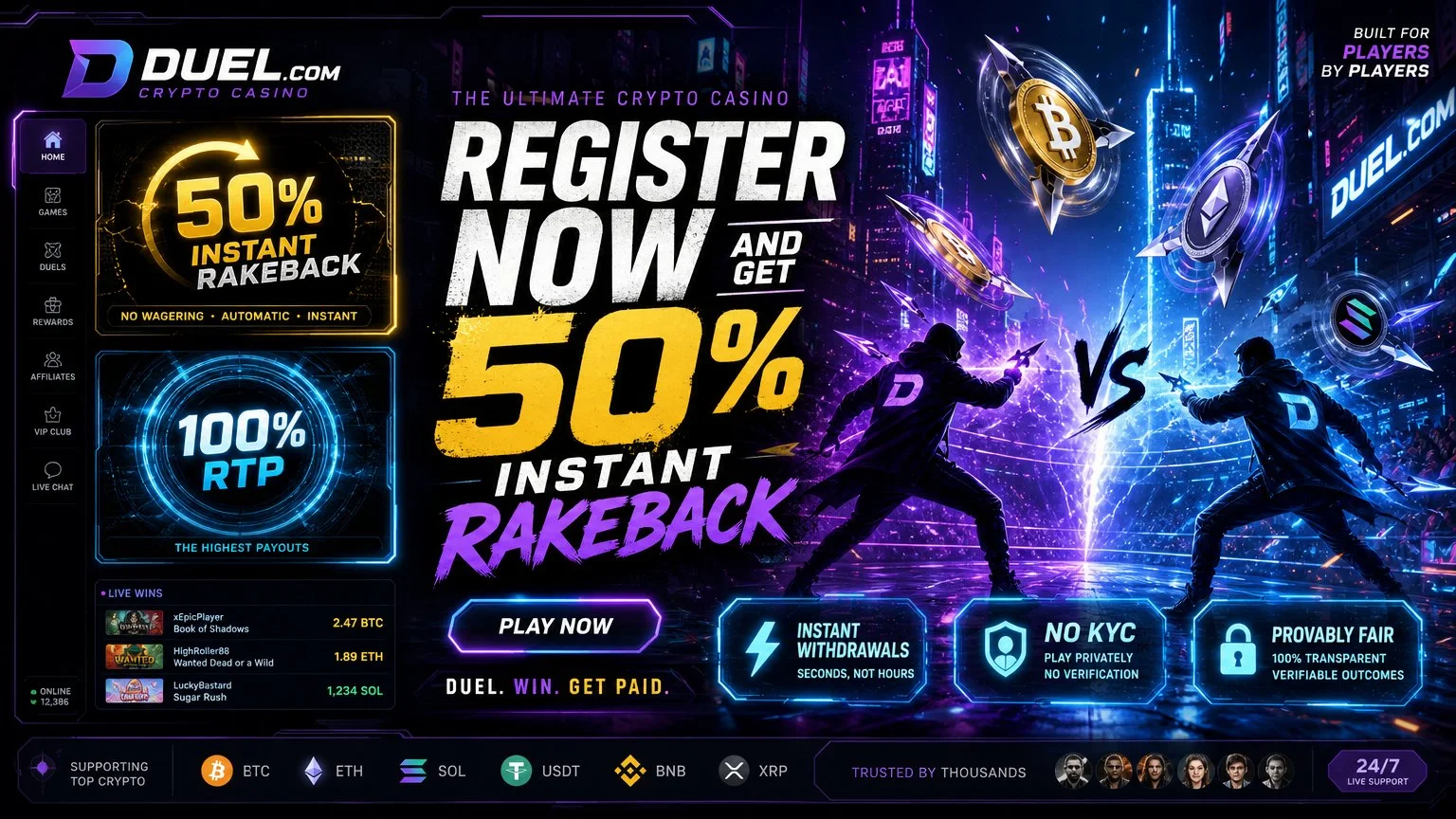 Duel promotional banner listing 50 percent instant rakeback, 100 percent RTP, no KYC, instant withdrawals and provably fair