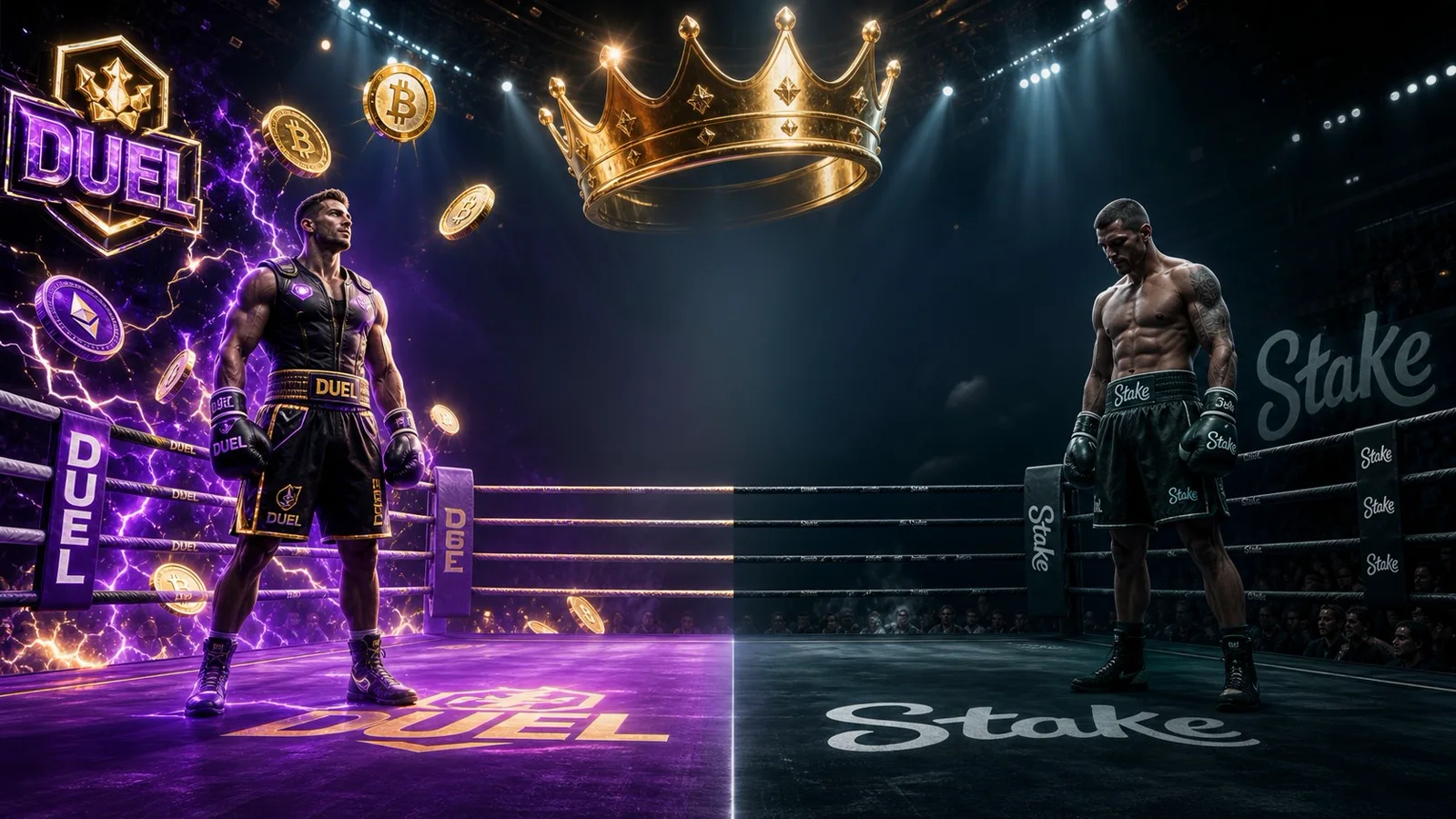 Promotional artwork framing Duel against Stake as two fighters in a ring