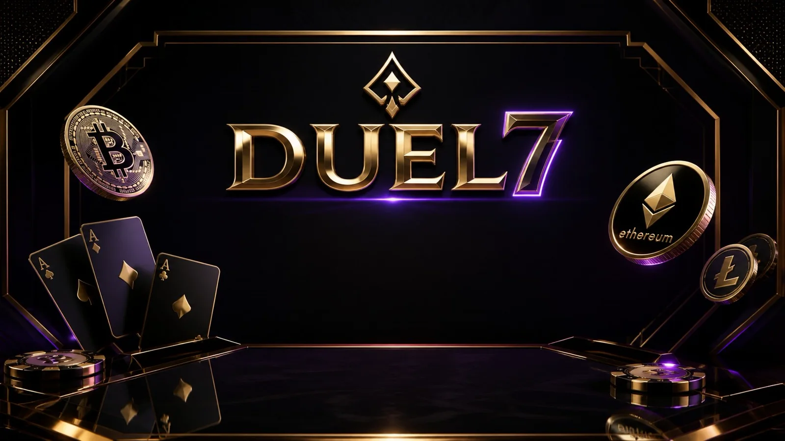 Duel promotional artwork with aces, chips and Bitcoin, Ethereum and Litecoin coins