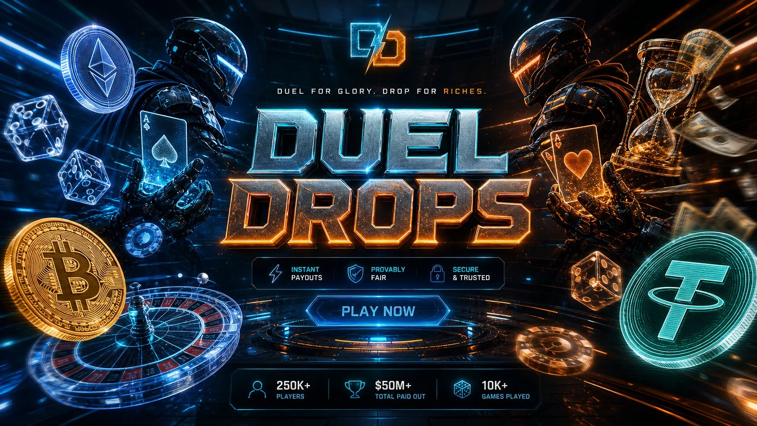 DuelDrops artwork with two armoured figures facing off across cards, dice and a roulette wheel
