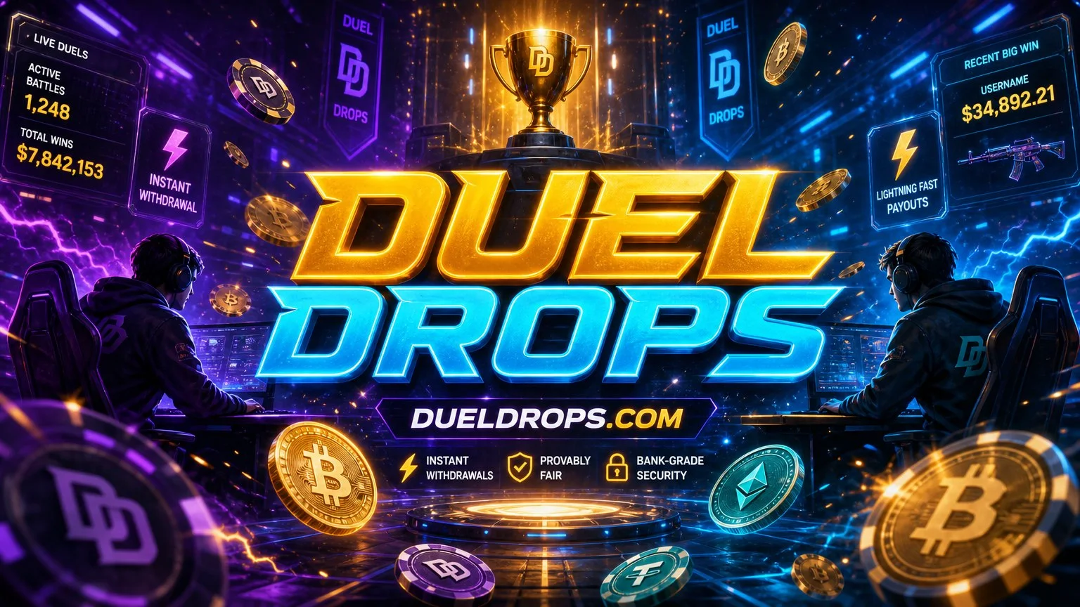 DuelDrops artwork showing live duels, active battles and instant withdrawal panels