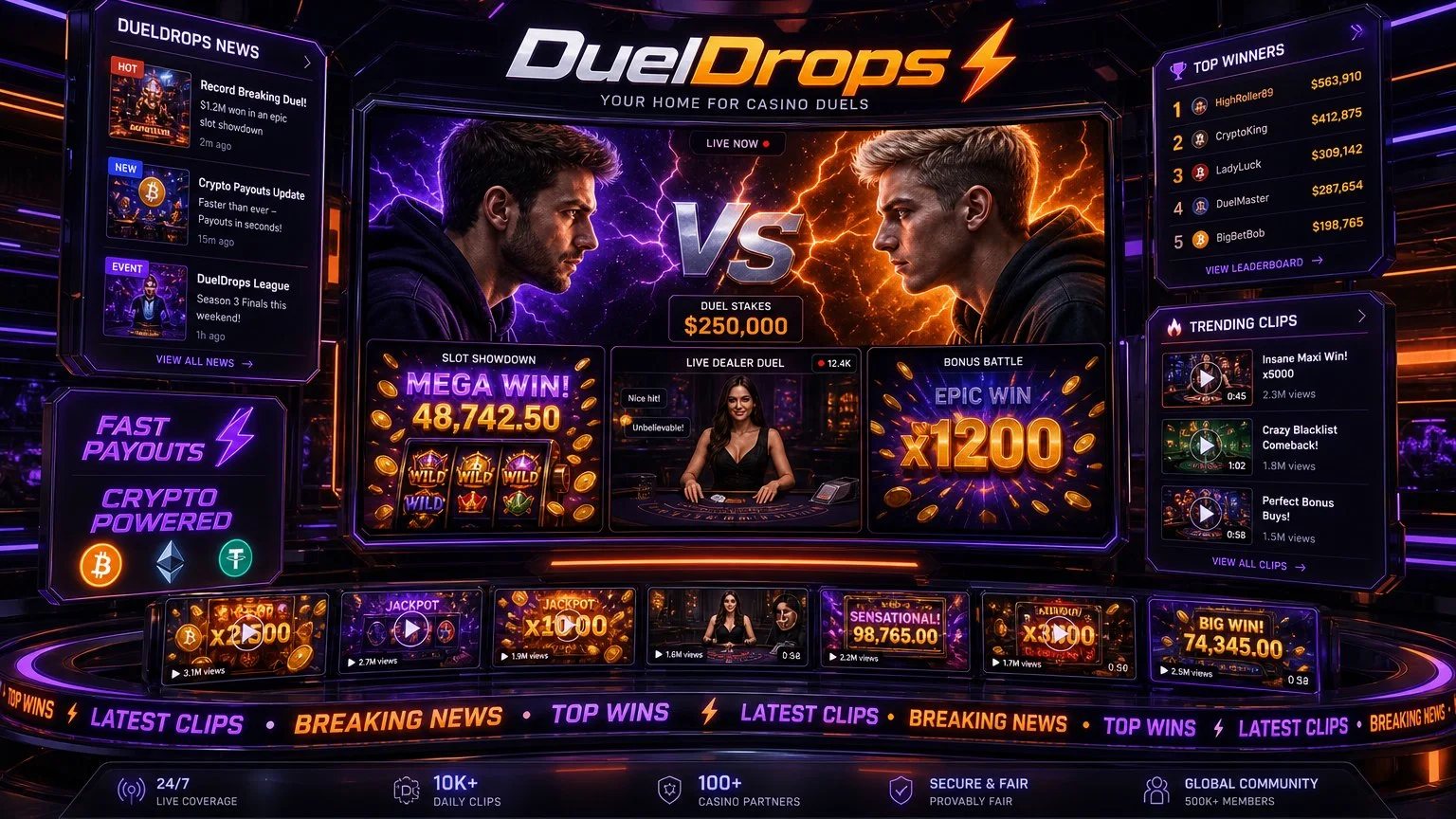 DuelDrops artwork showing a wall of casino clips, leaderboards and trending videos