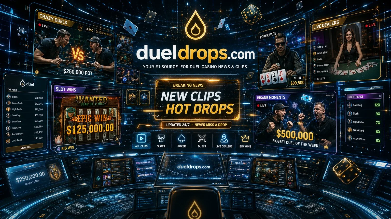 DuelDrops artwork styled as a news desk covering Duel casino clips and drops