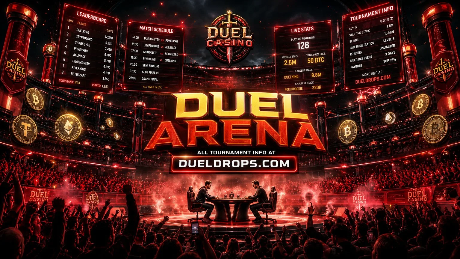 Duel Arena artwork showing an arena with a leaderboard, match schedule and crowd
