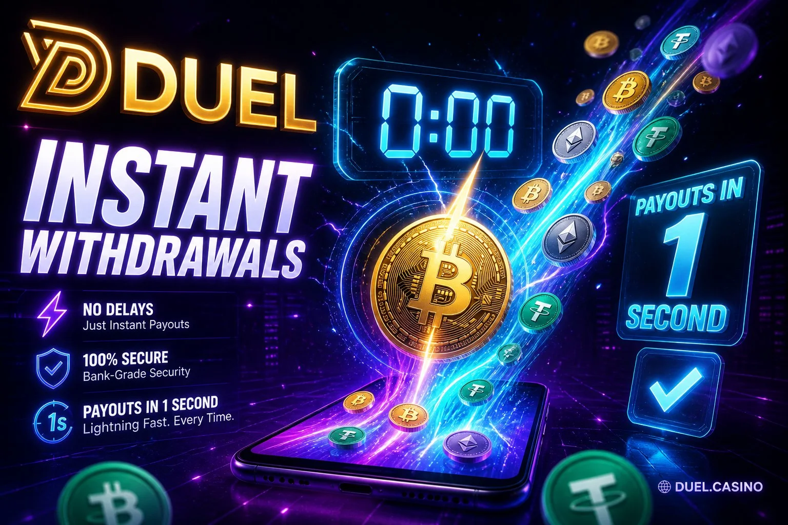 Duel promotional artwork advertising instant withdrawals with a stopwatch at zero and crypto coins streaming from a phone