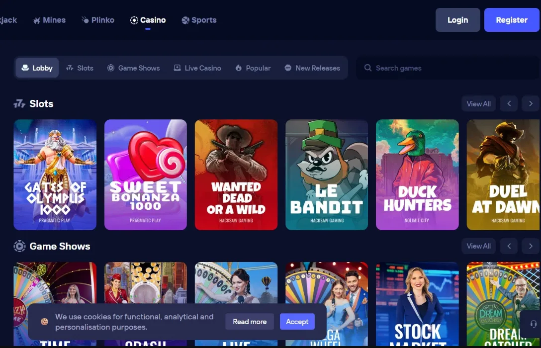 The Duel casino lobby showing slot tiles from Pragmatic Play, Hacksaw Gaming and Nolimit City alongside game shows