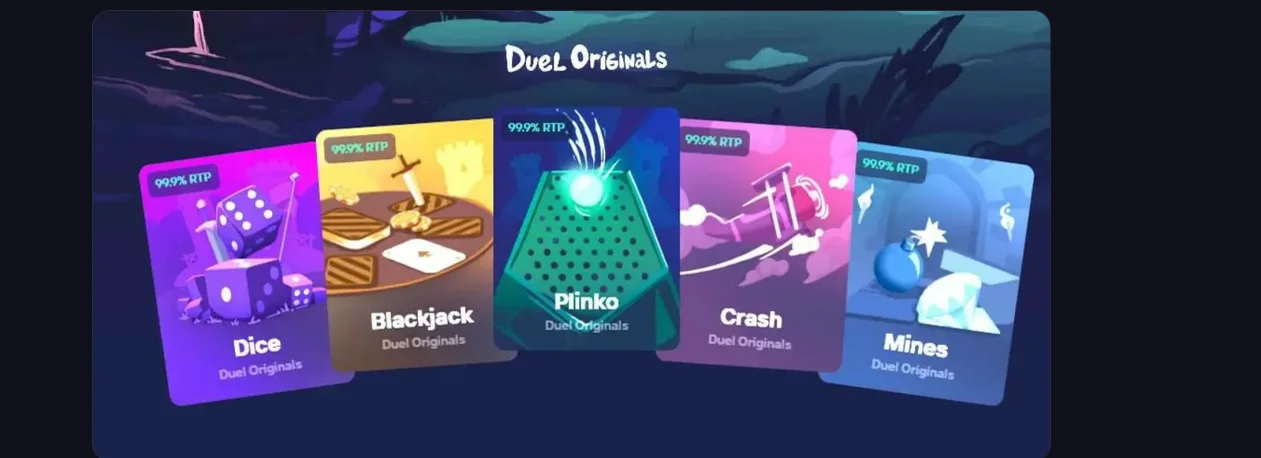Duel game tiles labelled 99.9% RTP on Dice, Blackjack, Plinko, Crash and Mines