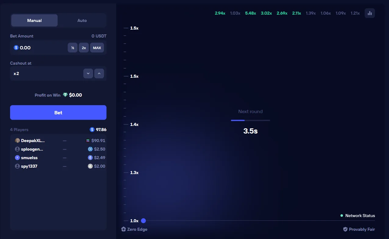 Duel Crash interface showing the multiplier curve, round history and live player bets
