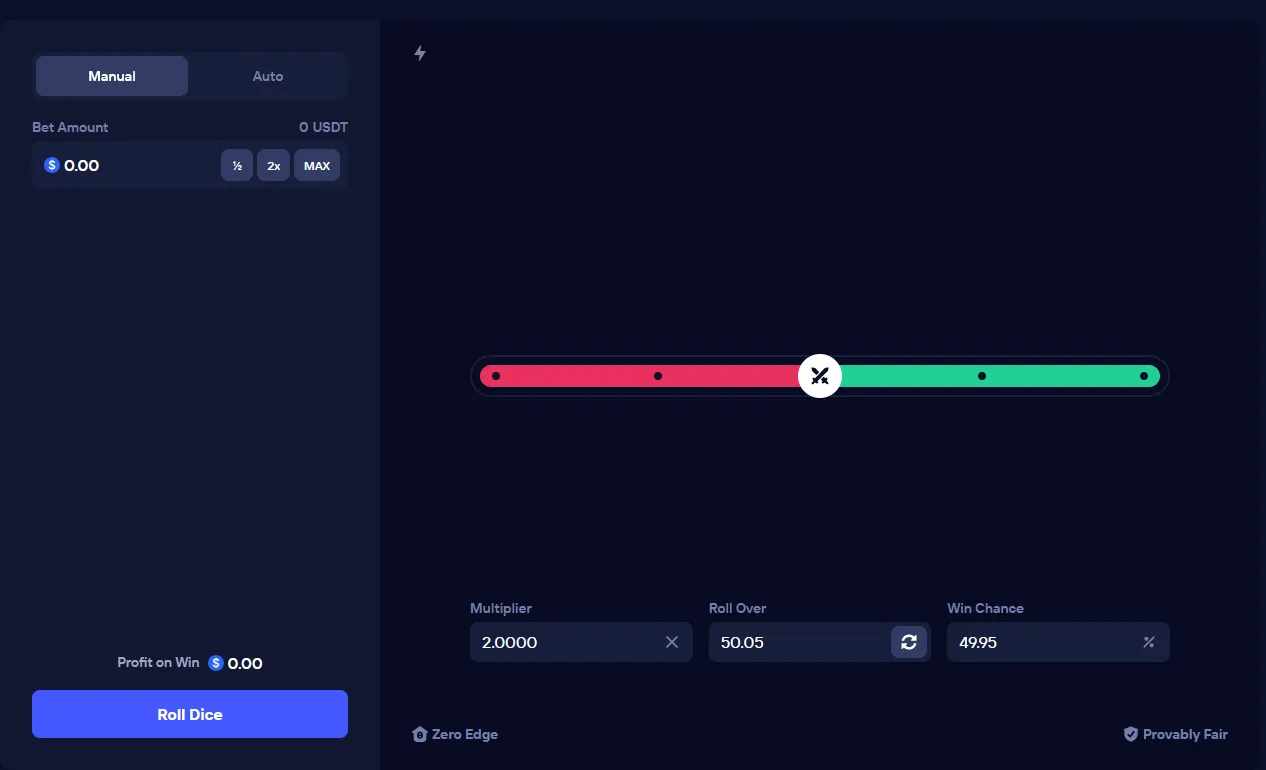 Duel Dice interface showing multiplier 2.0000, roll over 50.05 and win chance 49.95%