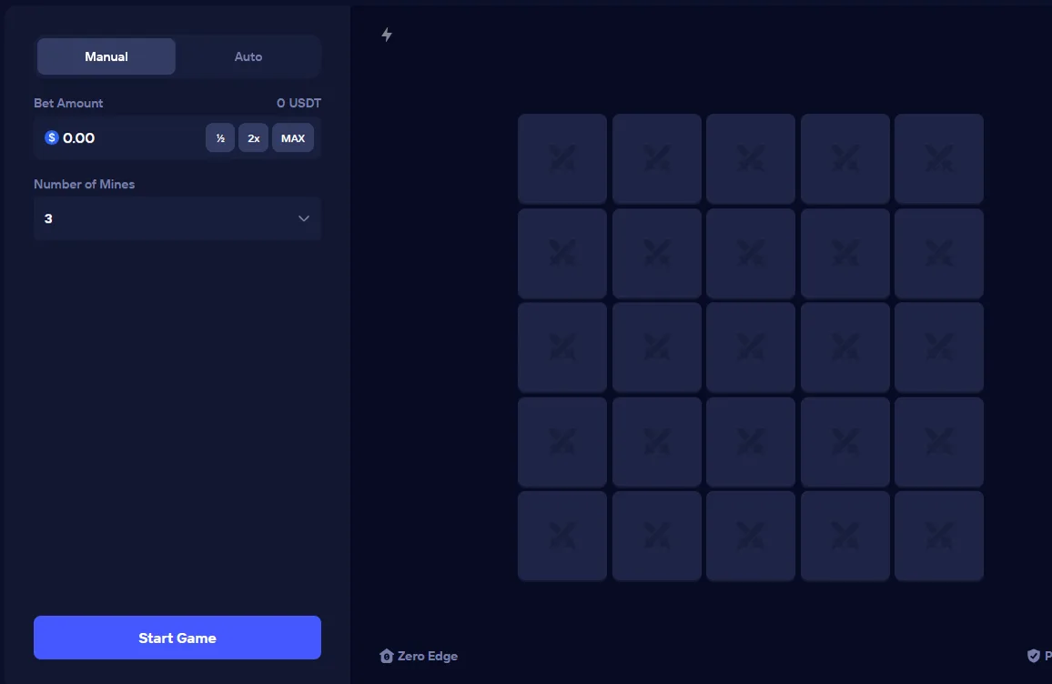 Duel Mines interface showing a five by five grid with the mine count set to three